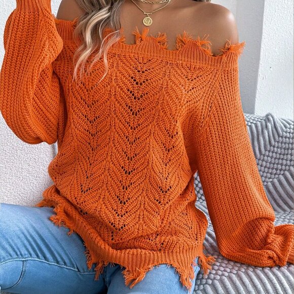 Orange Women's Off Shoulder Sweater Frayed Hem Detail Long Sleeve Pullover - Picture 1 of 8